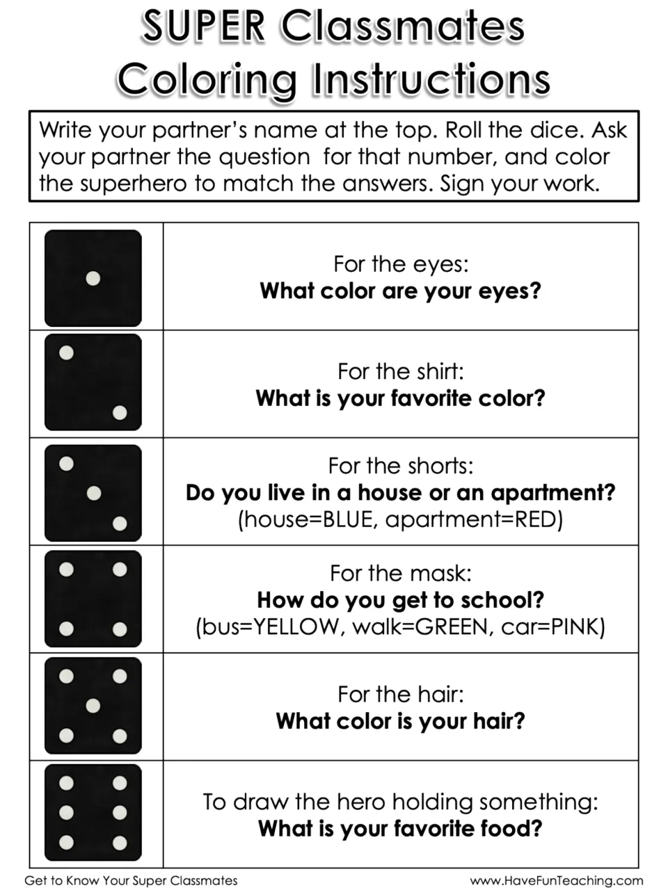 Black-and-white coloring instructions: each roll of 1 to 6 links a partner question to the eyes, shirt, mask or hair