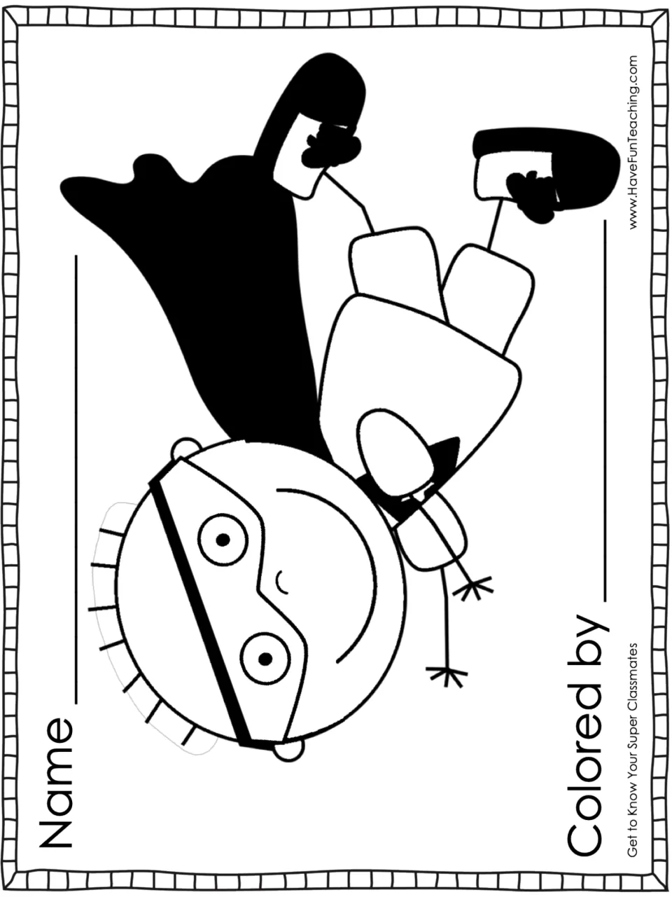 Flying boy superhero coloring sheet with Name and Colored by lines; students color him to match a partner's answers