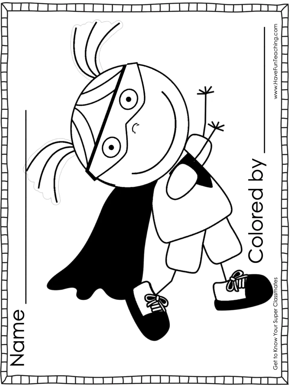 Girl superhero with pigtails and cape to color using a partner's interview answers, with Name and Colored by lines