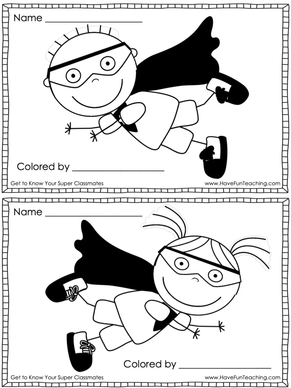Two half-size superhero coloring sheets, one boy and one girl, each with Name and Colored by lines for partner coloring