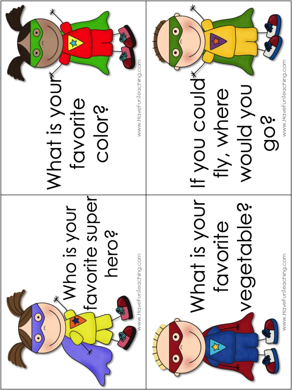 Interview cards asking a classmate's favorite color, super hero and vegetable, and where they would go if they could fly
