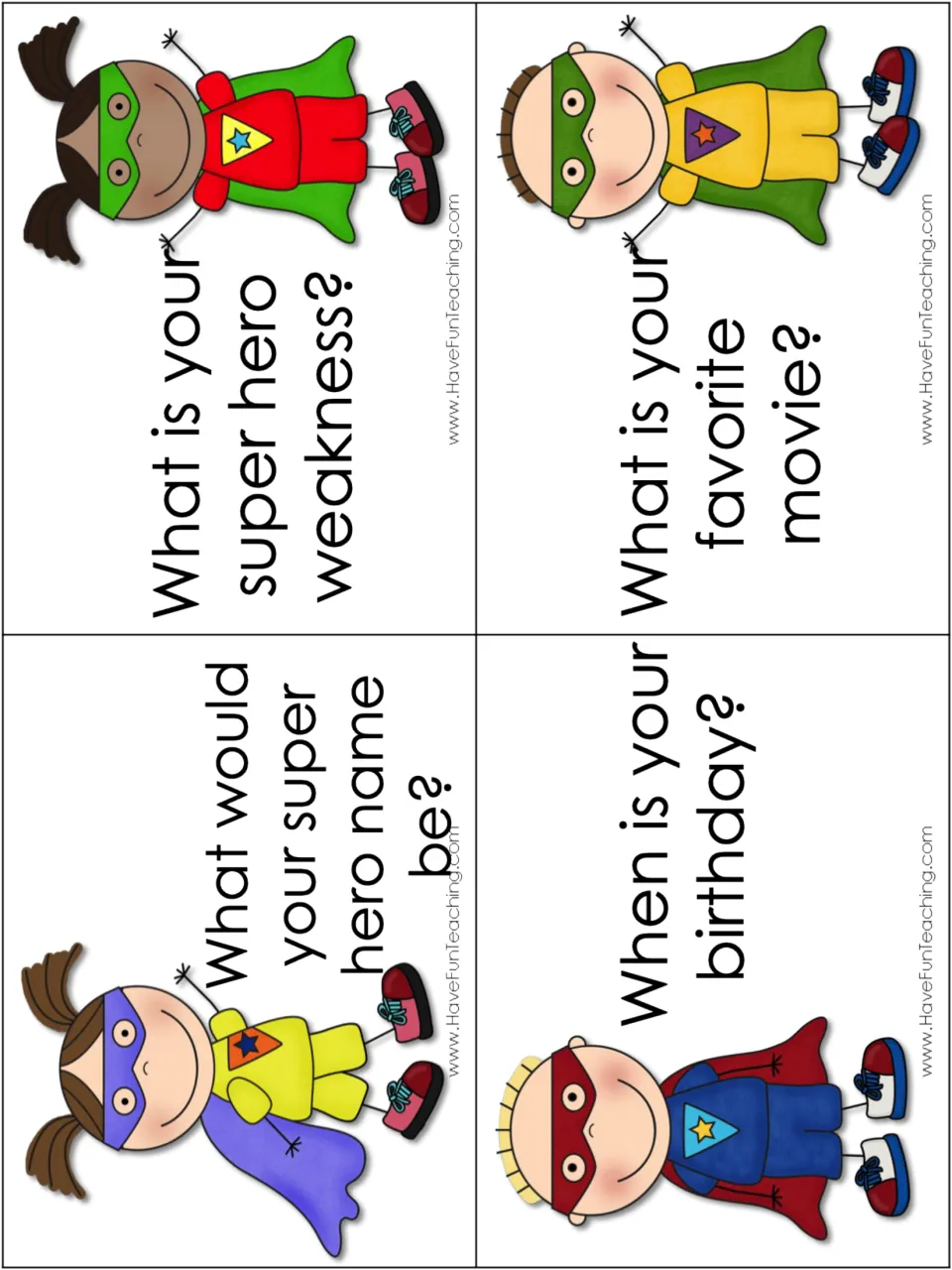 Question cards on a super hero weakness and name, a birthday and a favorite movie, each with a costumed kid