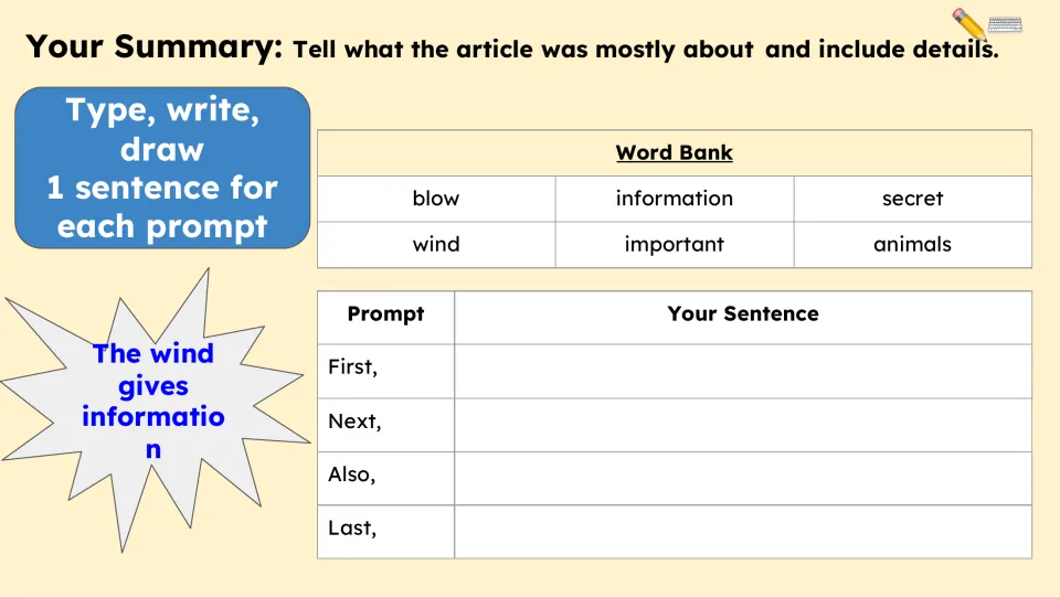Summary activity asks for one sentence each using First, Next, Also, and Last, supported by a word bank