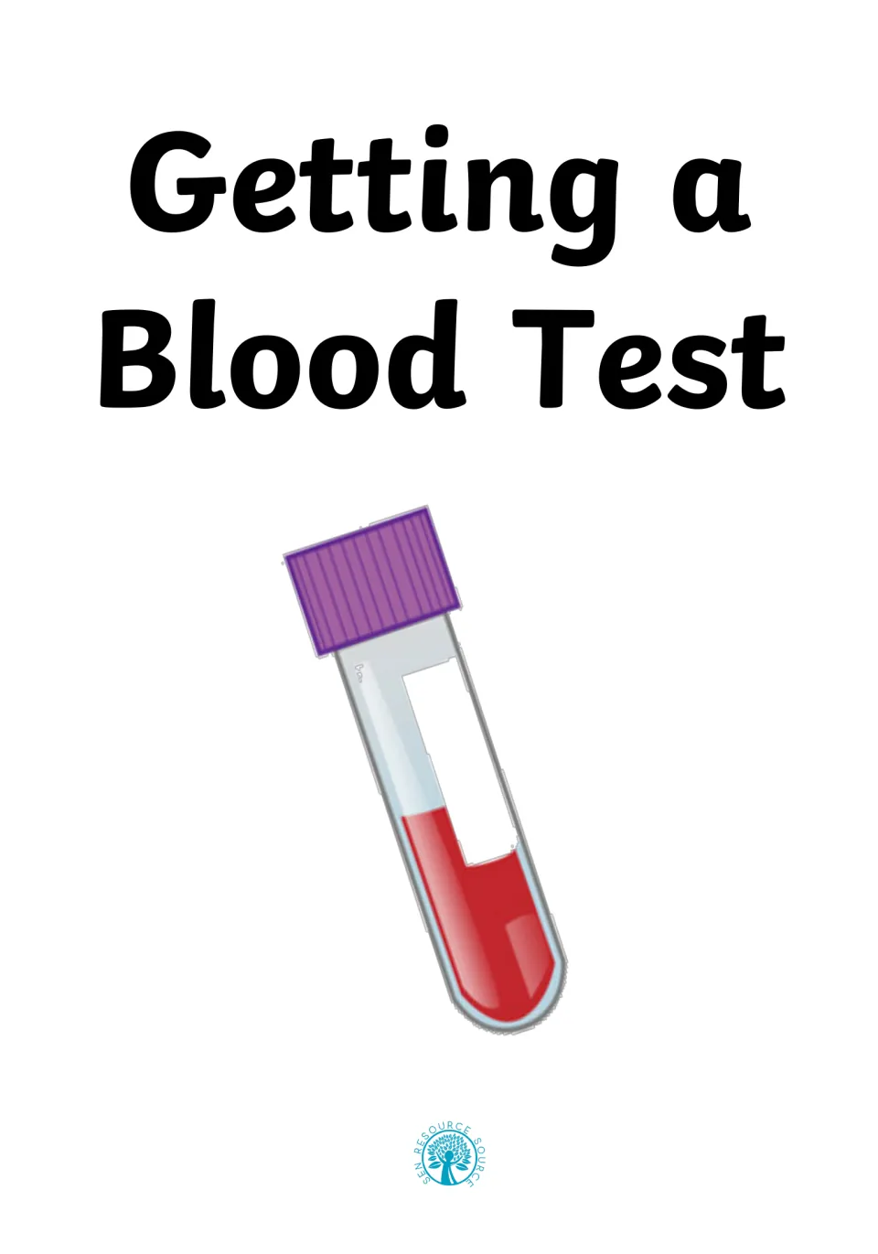 Social story cover titled 'Getting a Blood Test', illustrated with a purple-capped tube containing blood