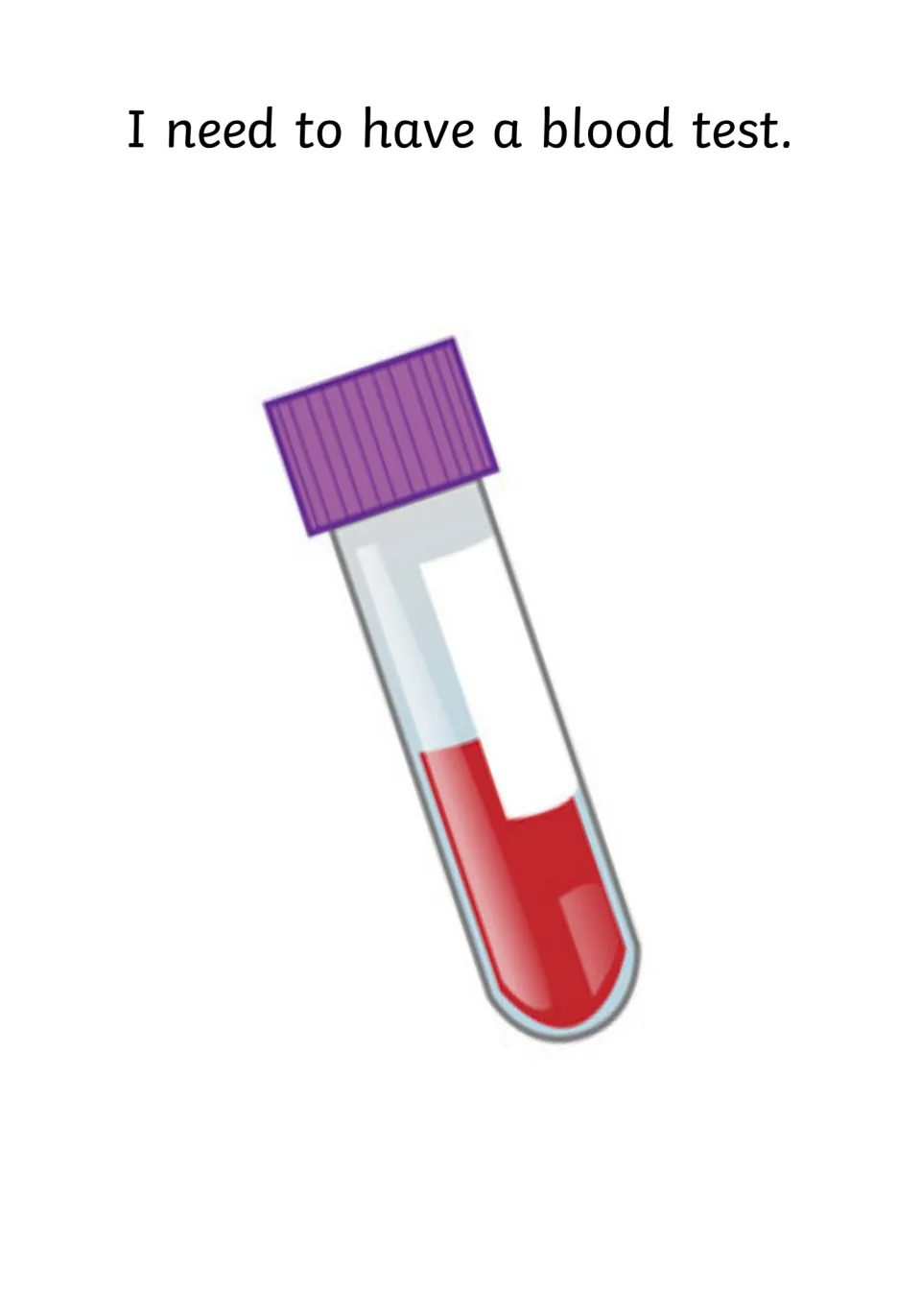 Opening social story page states, 'I need to have a blood test,' with an illustration of a blood sample tube