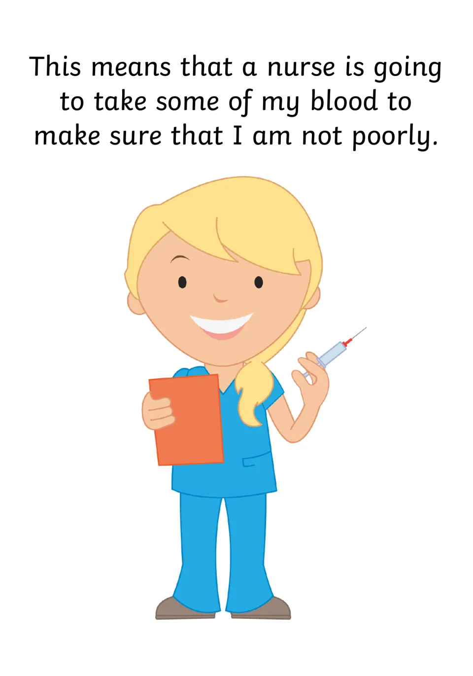 Social story page explains that a nurse will take some blood to check health, with a nurse illustration
