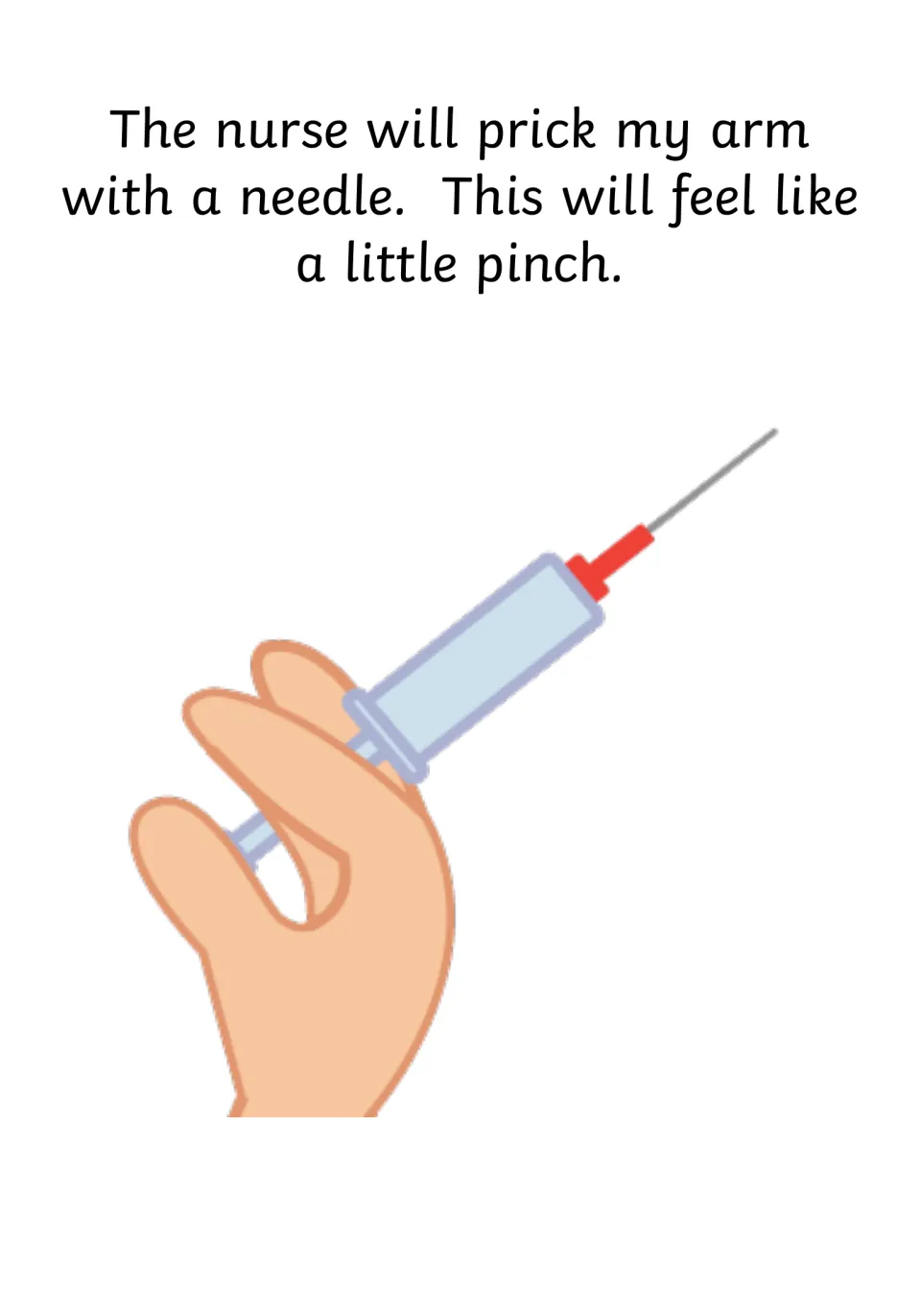Social story page describes the needle prick as feeling like a little pinch, with a hand holding a syringe