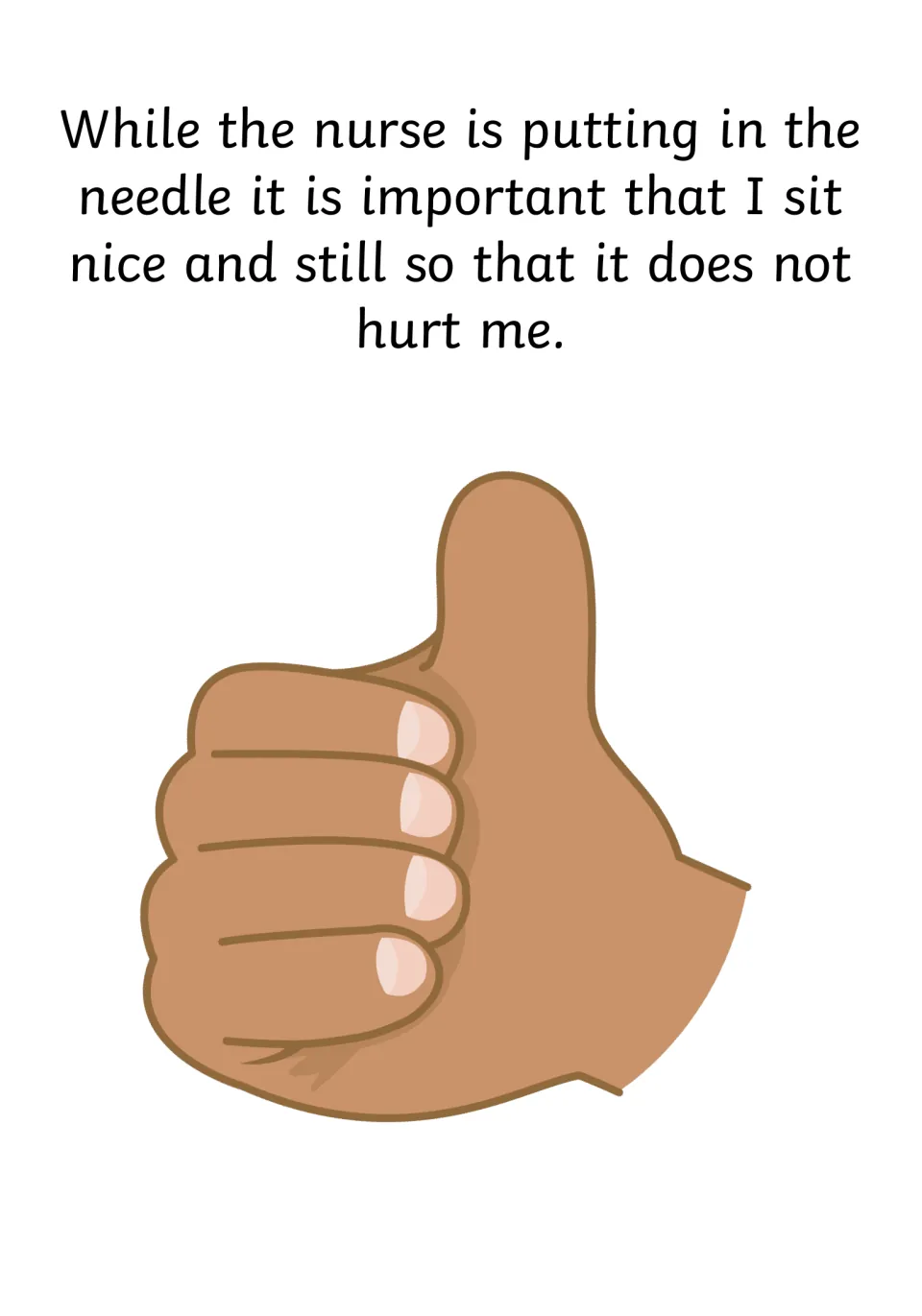 Social story page tells the reader to sit still while the nurse puts in the needle, with a thumbs-up hand