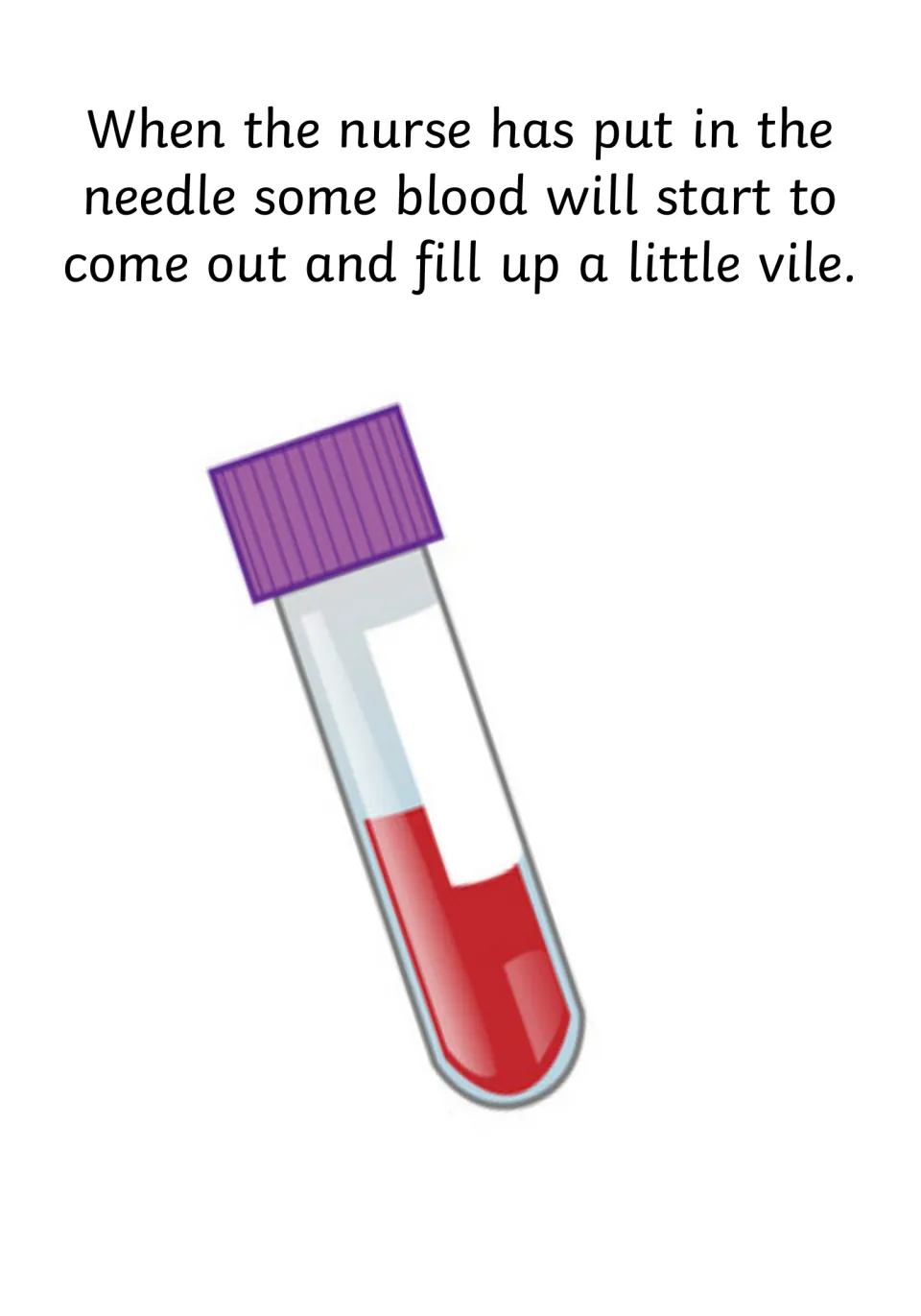 Social story page explains that blood fills a small vial after the needle goes in, with a blood sample tube
