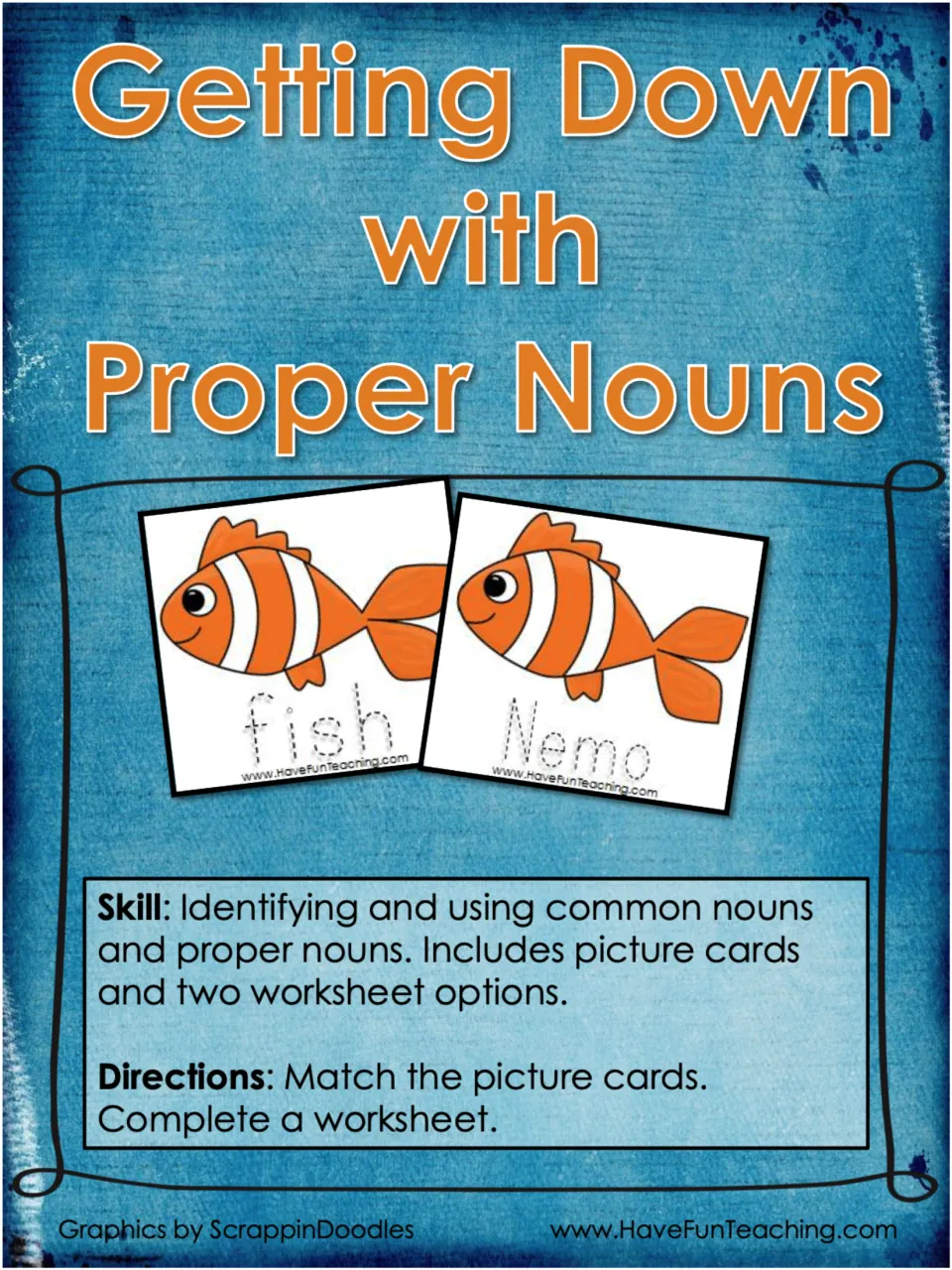 Getting Down with Proper Nouns Activity cover: match common and proper noun picture cards, then write