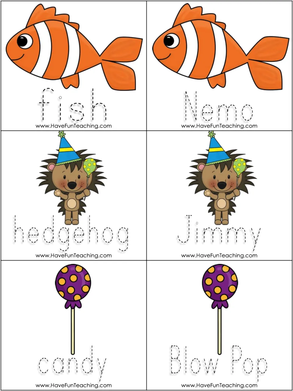 Common and proper noun picture cards 1–6: fish/Nemo, hedgehog/Jimmy, and candy/Blow Pop, with tracing words