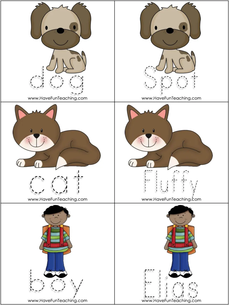 Common and proper noun picture cards 7–12: dog/Spot, cat/Fluffy, and boy/Elias, with words to trace