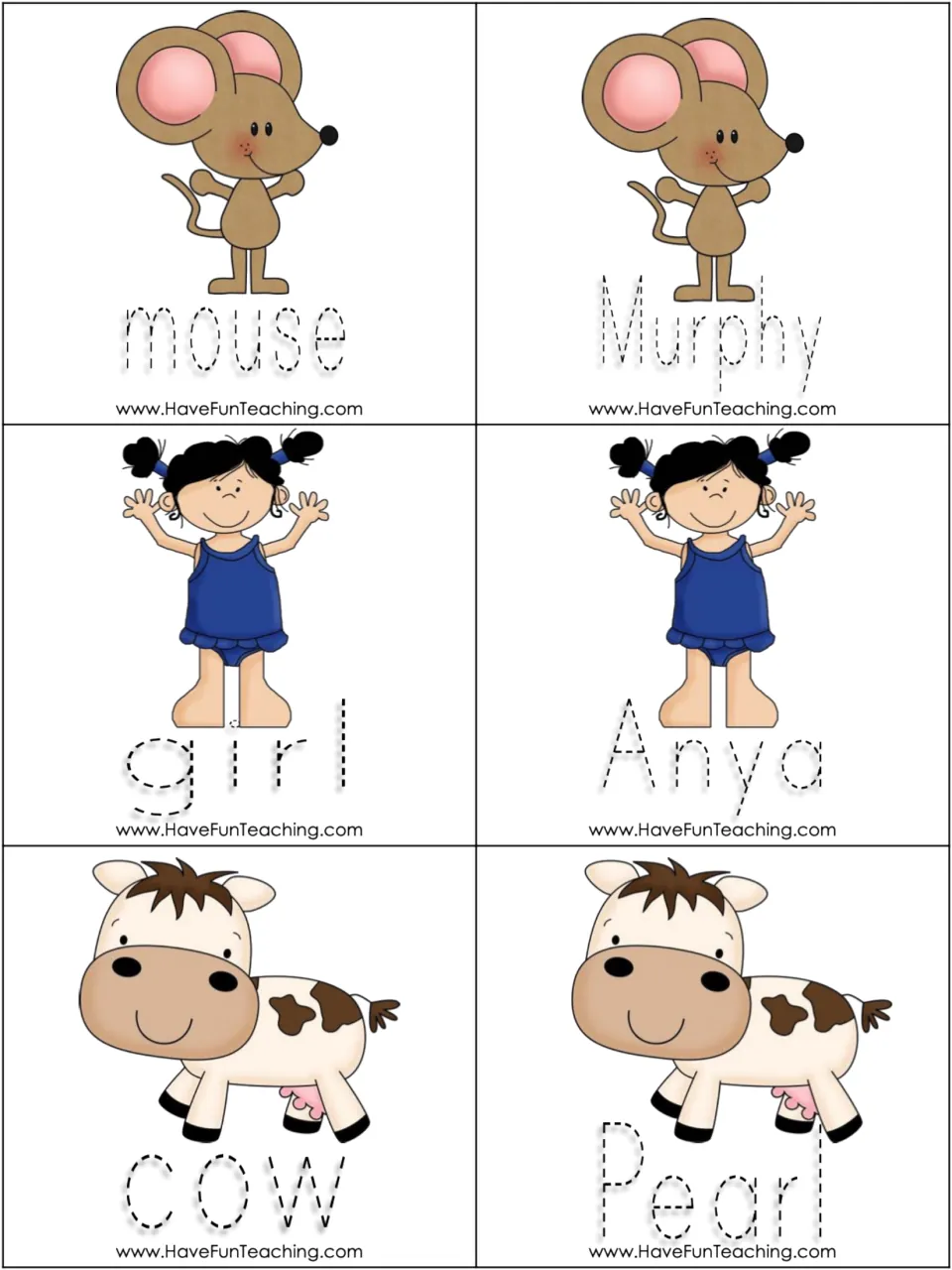 Common and proper noun picture cards 13–18: mouse/Murphy, girl/Anya, and cow/Pearl, with tracing words