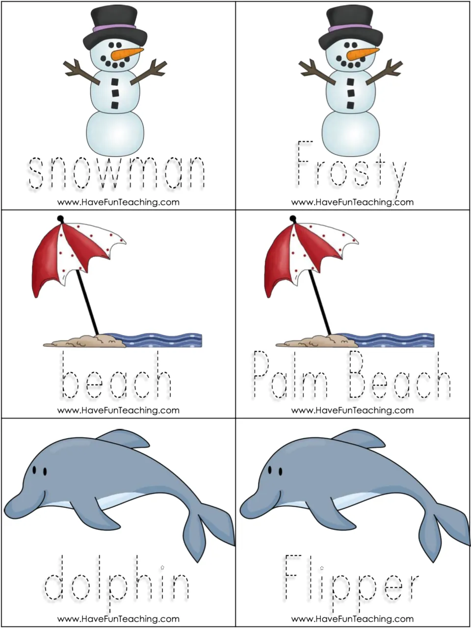 Common and proper noun picture cards 19–24: snowman/Frosty, beach/Palm Beach, and dolphin/Flipper
