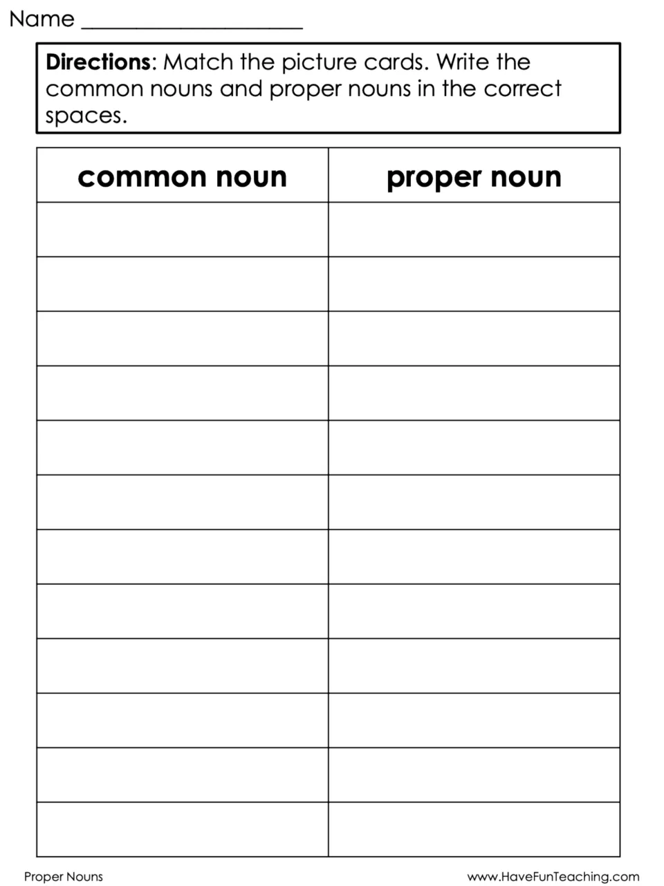 Noun recording worksheet: match the picture cards and write all 12 pairs as common nouns and proper nouns