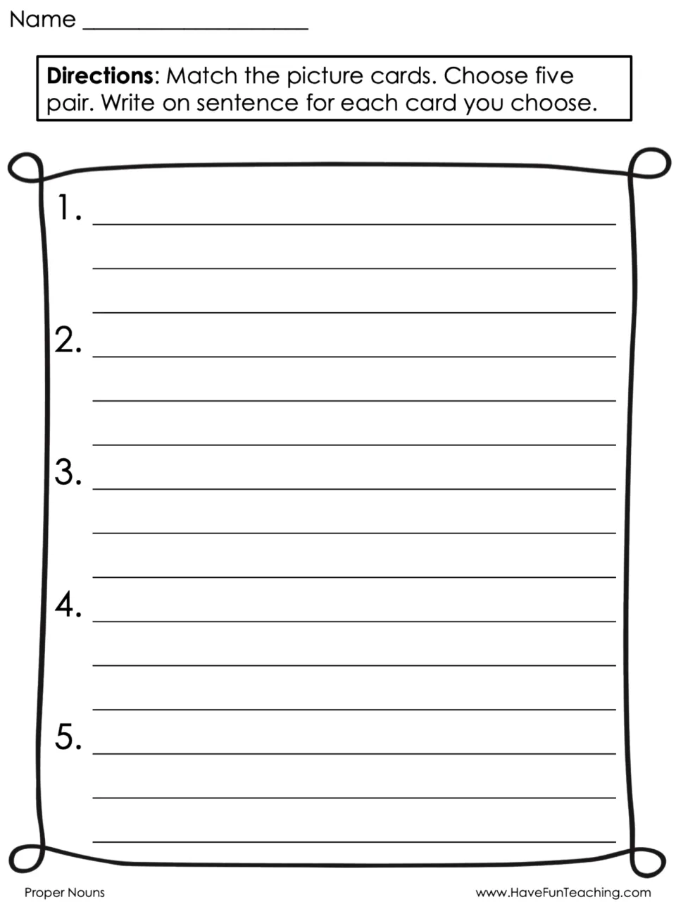 Sentence-writing worksheet: choose five matched noun card pairs and write one sentence for each card