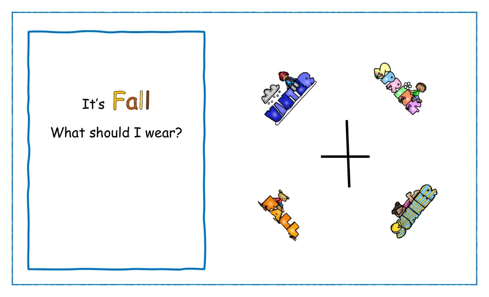 Fall booklet page asking "It's Fall, what should I wear?" beside Winter, Spring, Fall and Summer labels for the dial