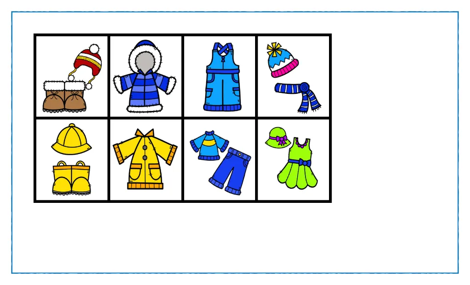 Clothing cards to sort by season: snow boots and hat, parka, overalls, hat and scarf, rain hat and boots, raincoat, dress