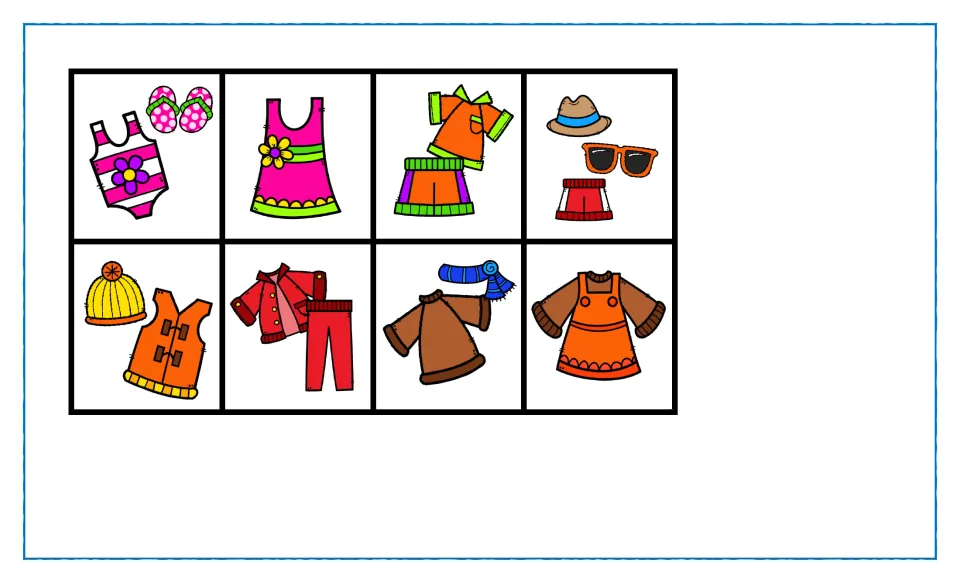 More clothing cards: swimsuit and flip-flops, sundress, shorts set, sun hat and sunglasses, knit hat and vest, sweater