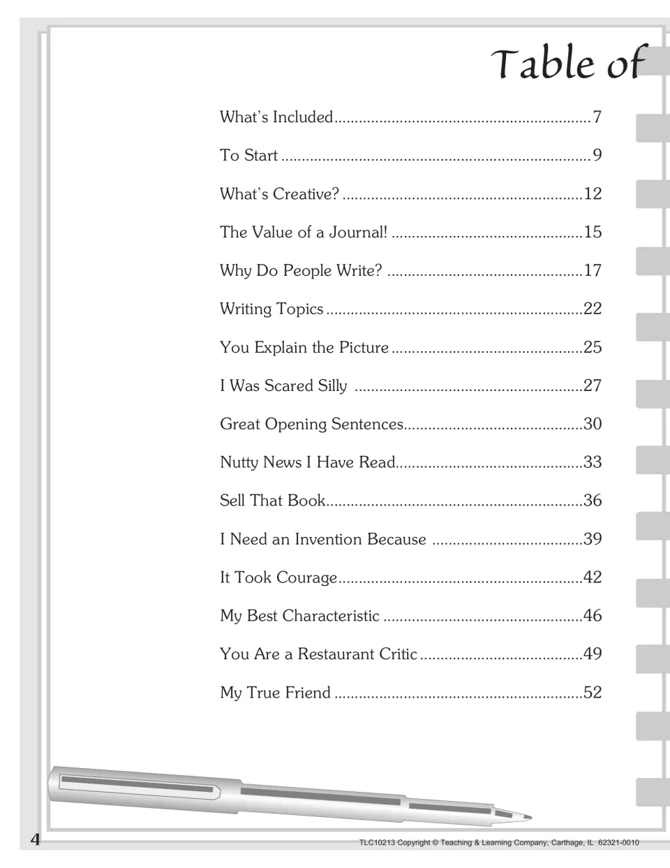 Table of contents, part 1: sections from What's Included and To Start through writing topics up to My True Friend