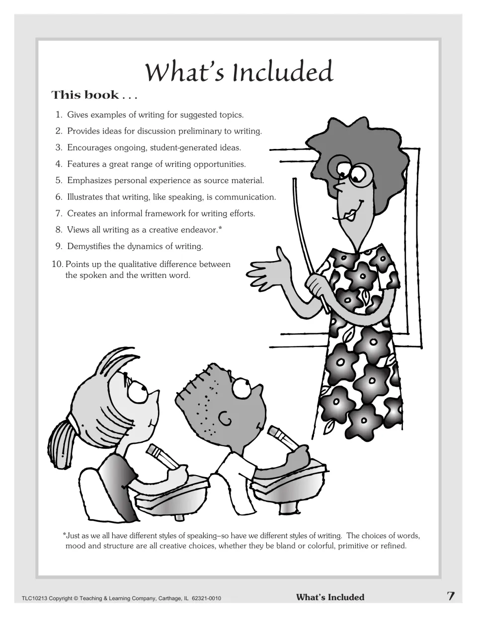 What's Included: a 10-point list of what the book offers, from example writing to spoken vs. written word, with a cartoon