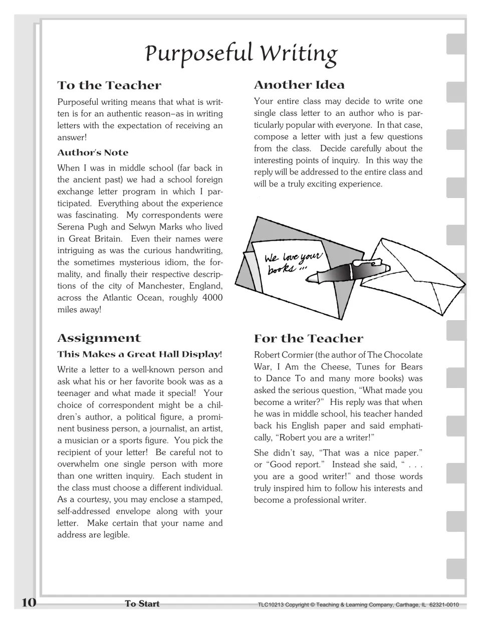 Purposeful Writing: students write a letter to a well-known person asking their favorite teen book, with teacher notes