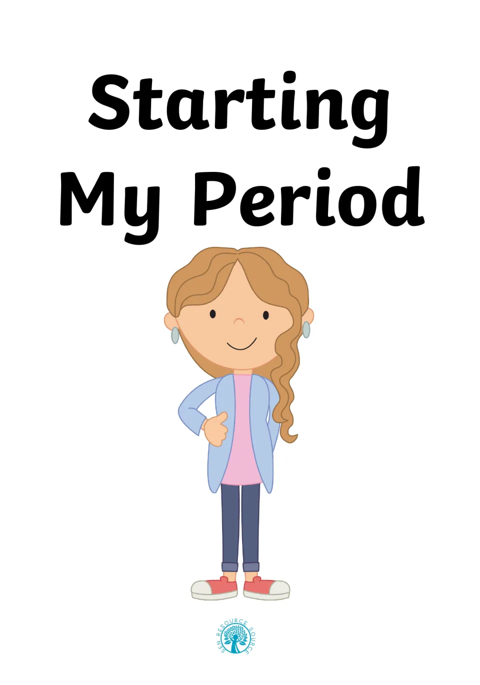 Social story cover titled 'Starting My Period,' illustrated with a girl wearing a blue cardigan and jeans