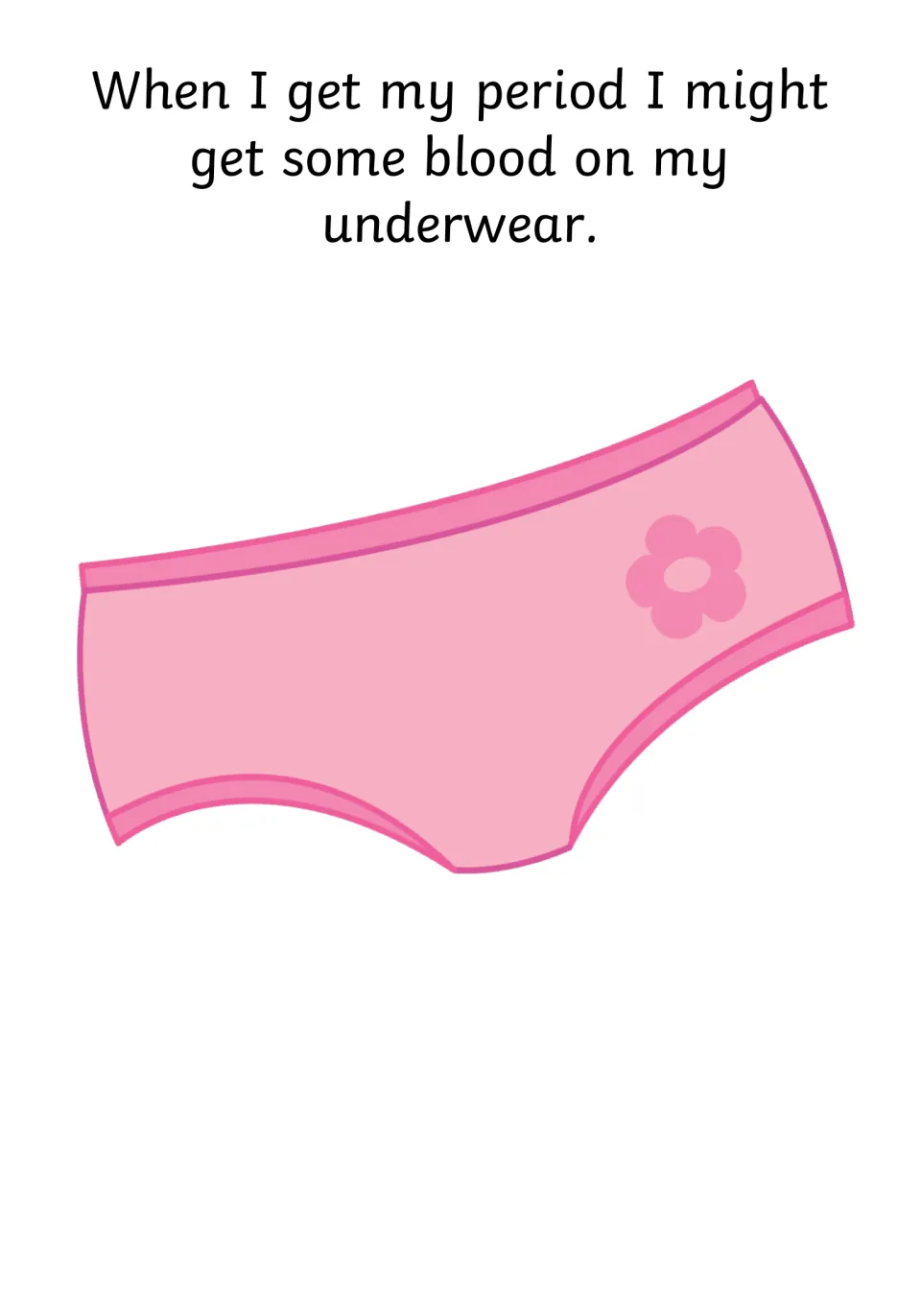Social story page explains that the narrator might get blood on her underwear during her period, showing underwear