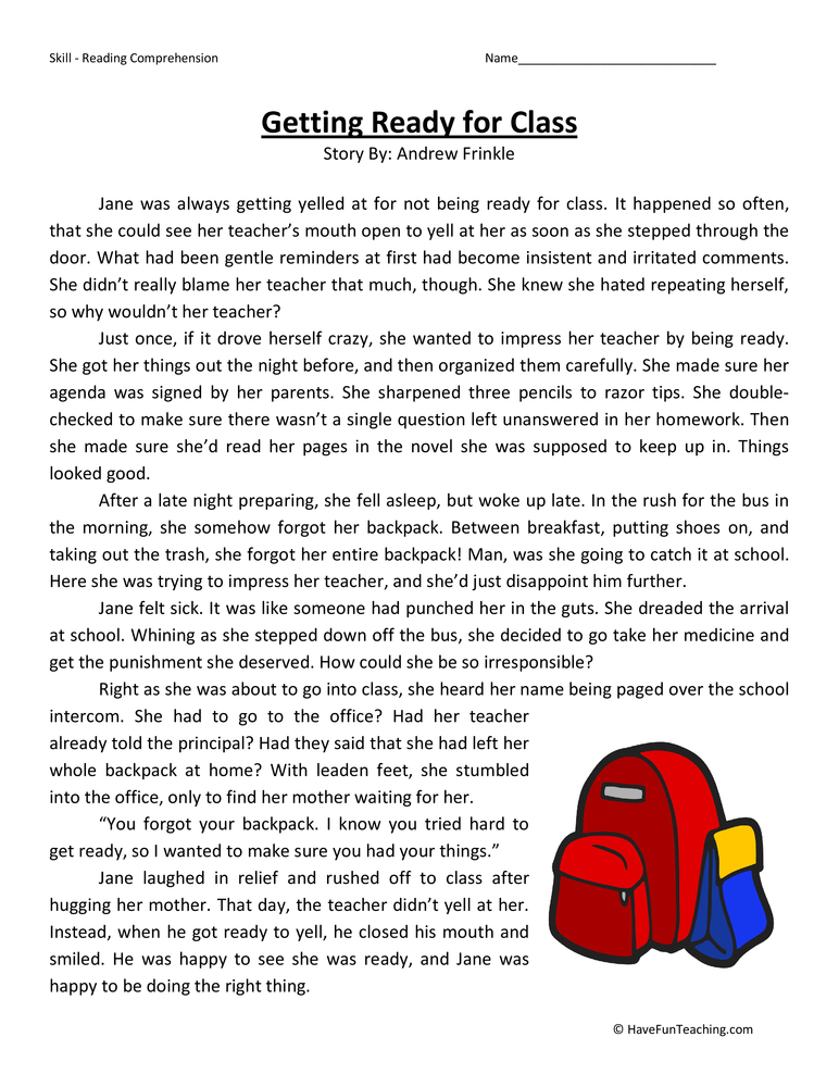 Getting Ready for Class - Reading Comprehension Worksheet teaching resource preview