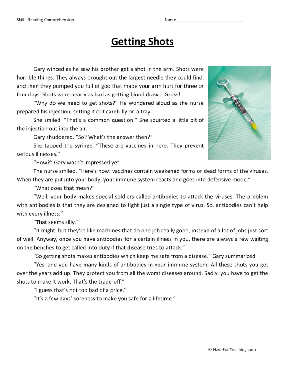 Reading passage about Gary's fear of shots and a nurse's explanation of vaccines and antibodies.