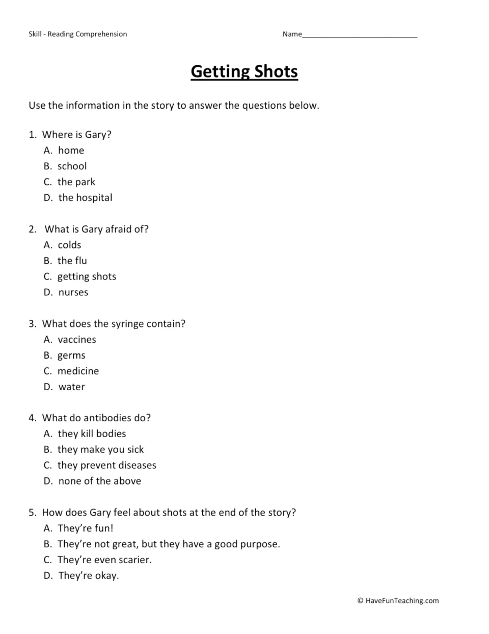 Five multiple-choice questions about Gary's location, fear of shots, vaccines, antibodies, and feelings.