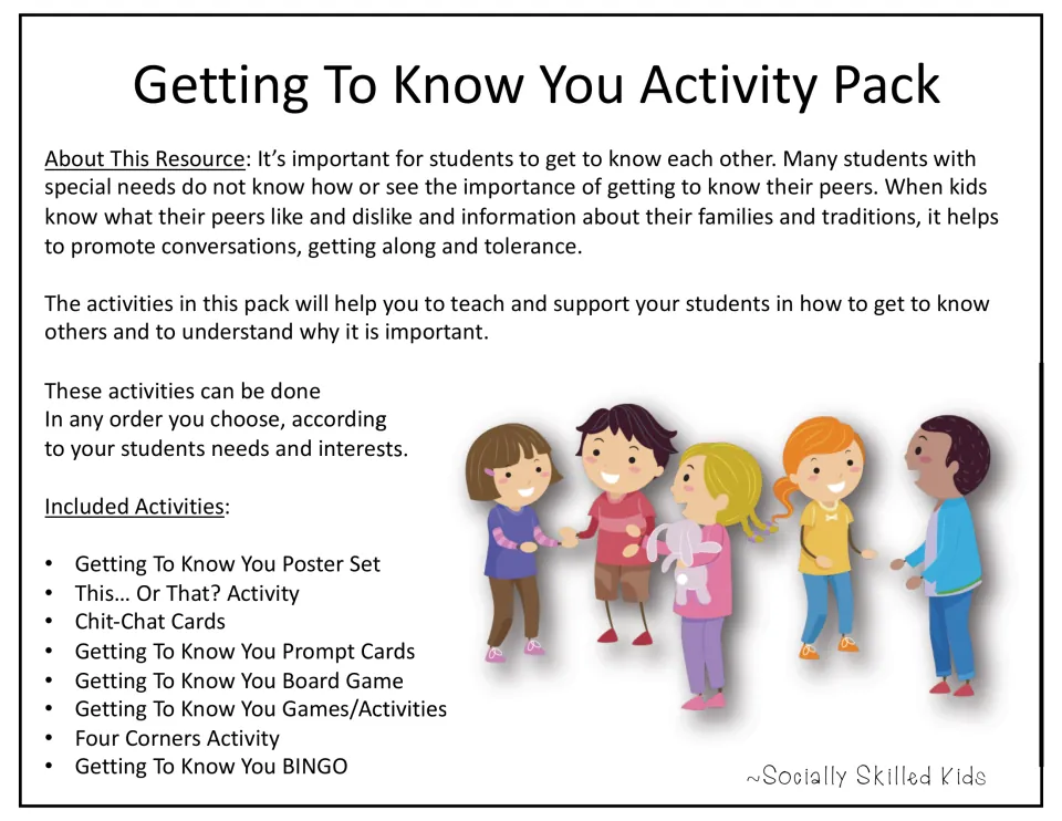 Getting To Know You Activity Pack overview listing 8 activities, from a poster set and This... Or That? to BINGO