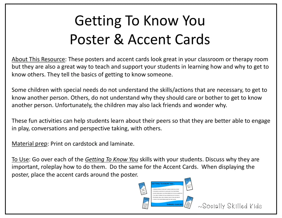 Teacher notes for Poster & Accent Cards: why peers matter, print on cardstock, roleplay each skill, place cards by poster