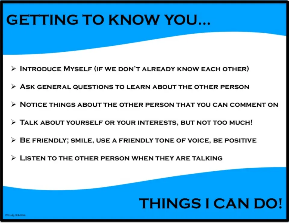 Things I Can Do poster with six skills: introduce myself, ask questions, notice, share a little, be friendly and listen