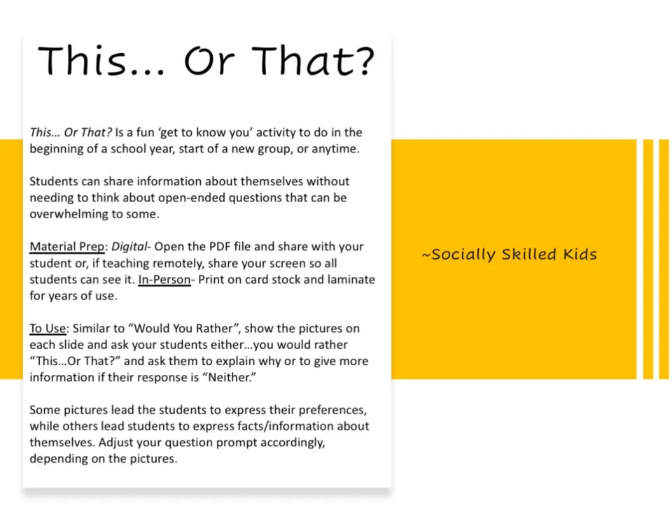 This... Or That? directions: show paired pictures on screen or on cards, students pick one and explain why or say neither