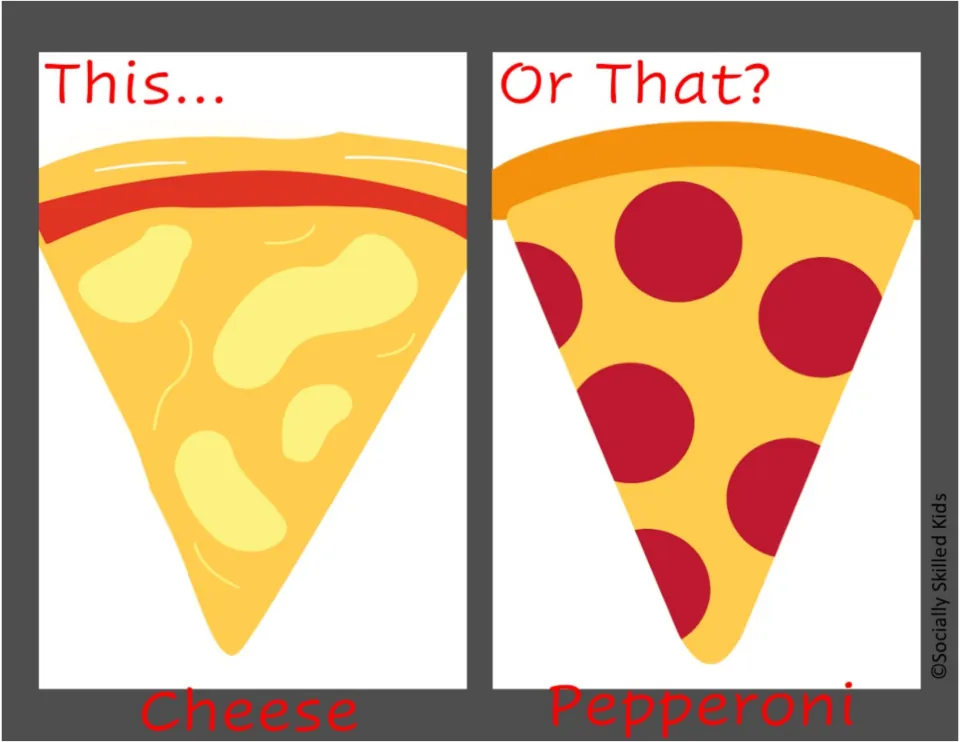 This... Or That? slide showing a cheese pizza slice and a pepperoni pizza slice for students to state a food preference