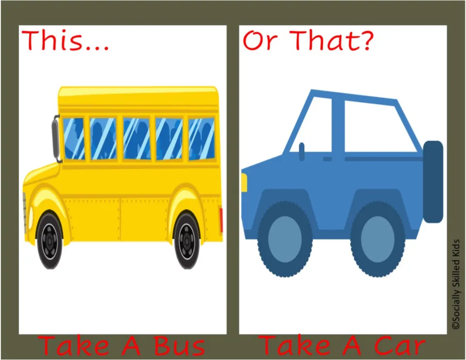 This... Or That? slide asking students to choose between Take A Bus, a yellow school bus, and Take A Car, a blue jeep