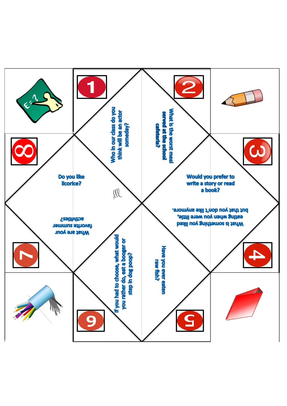 Get-acquainted folding game: students answer prompts on licorice, eating raw fish and writing a story or reading a book