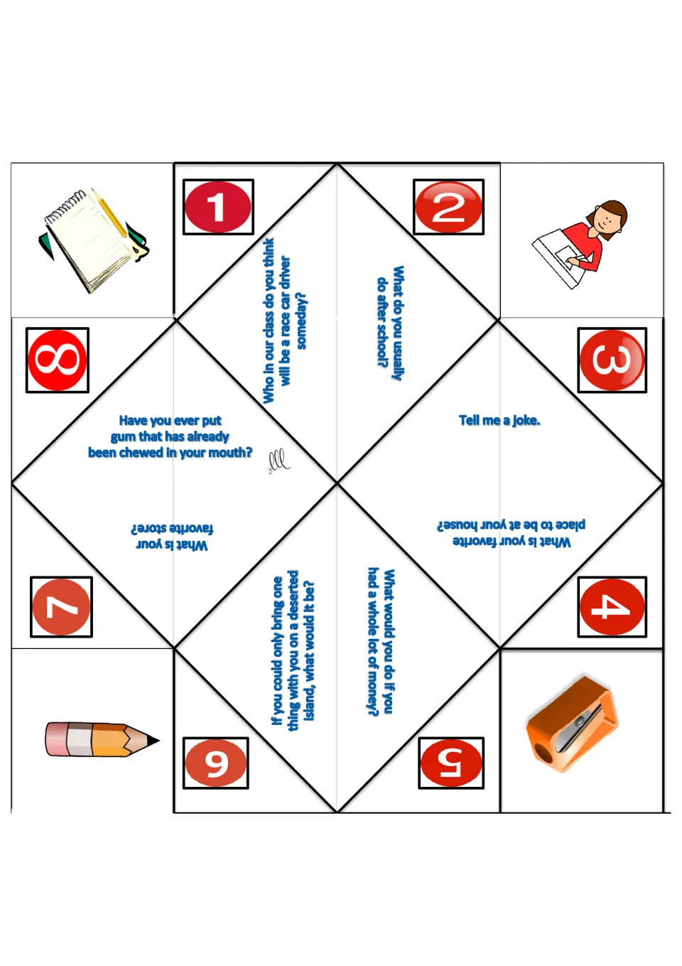 Getting-acquainted paper game: students tell a joke and share after-school habits and one item for a deserted island