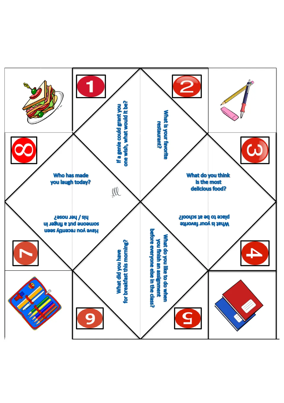 Paper fortune teller: students discuss a genie wish, favorite restaurant, tastiest food and today's breakfast