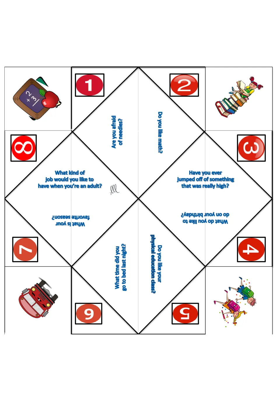 All-about-me foldable: students answer if they like math or fear needles, plus dream adult job and favorite season