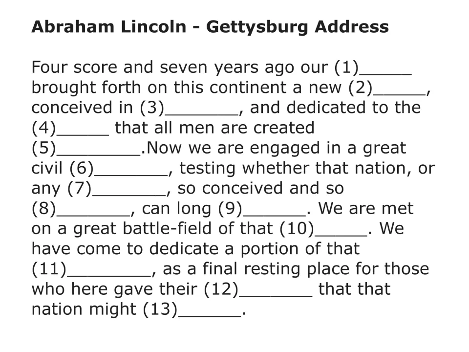 Abraham Lincoln - Gettysburg Address cloze: students fill blanks 1 to 13, from "Four score and seven years ago" onward