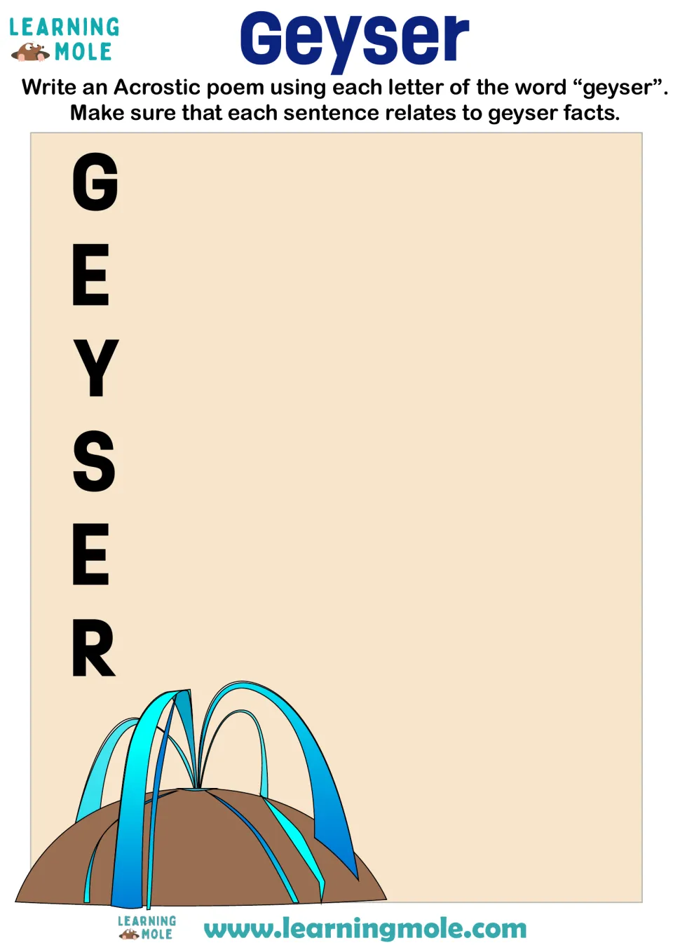 Geyser acrostic poem: students write a line of geyser facts for each letter G-E-Y-S-E-R beside a water-spout drawing