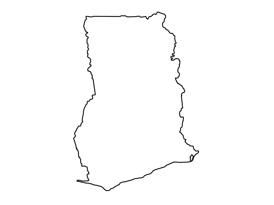 Blank outline map of Ghana showing only the national border, ready for map labeling practice