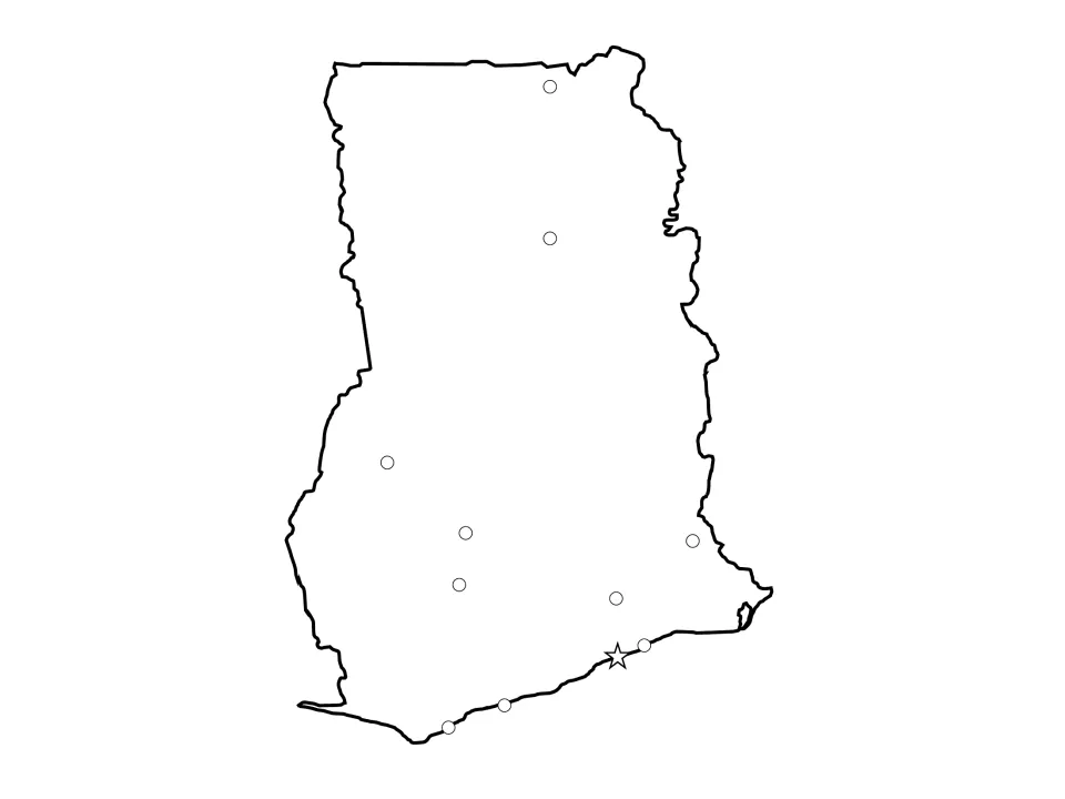 Outline map of Ghana with unlabeled city dots and a star for the capital; students practice labeling cities