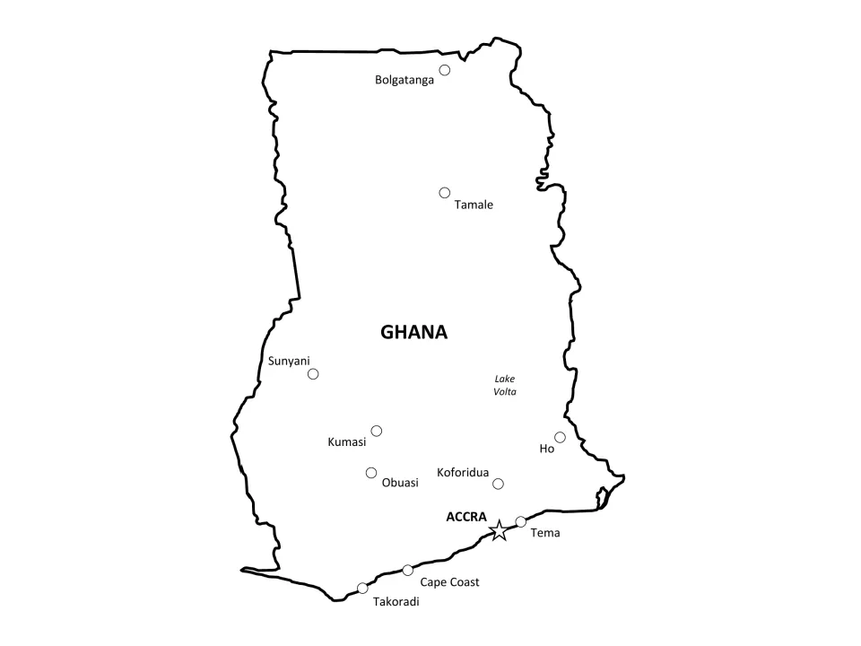 Labeled map of Ghana marking Accra as capital plus Kumasi, Tamale, Takoradi, Cape Coast, Ho, Tema and Lake Volta