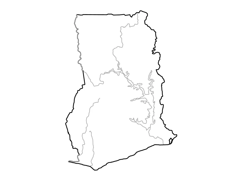 Ghana outline map with rivers and Lake Volta drawn in gray but unlabeled, for labeling major waterways
