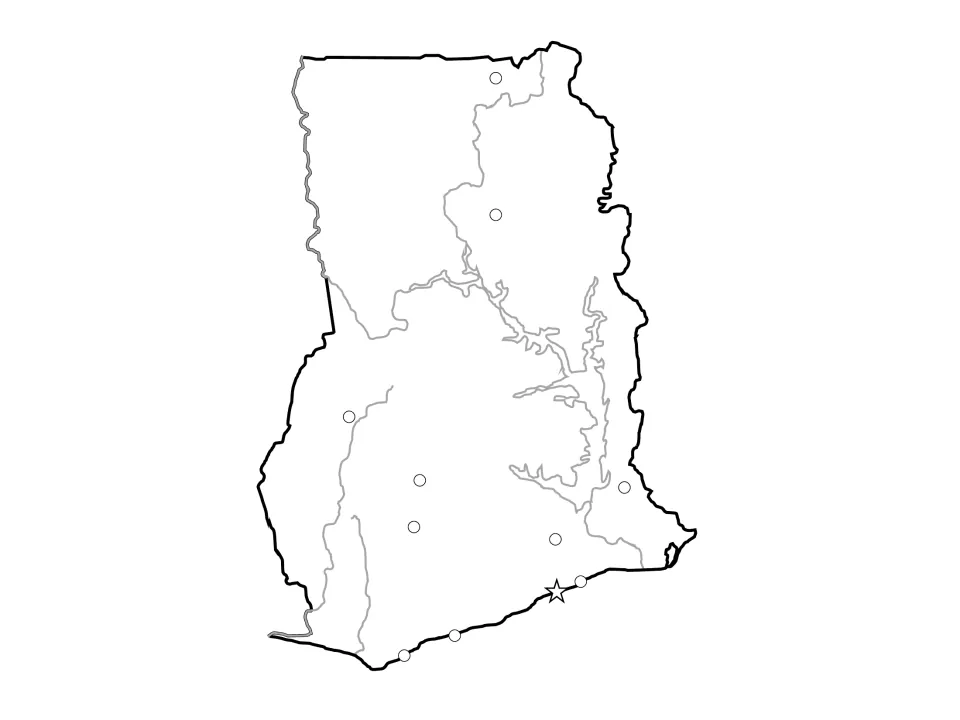 Unlabeled Ghana map showing rivers, Lake Volta, city dots and a capital star for combined city and river labeling
