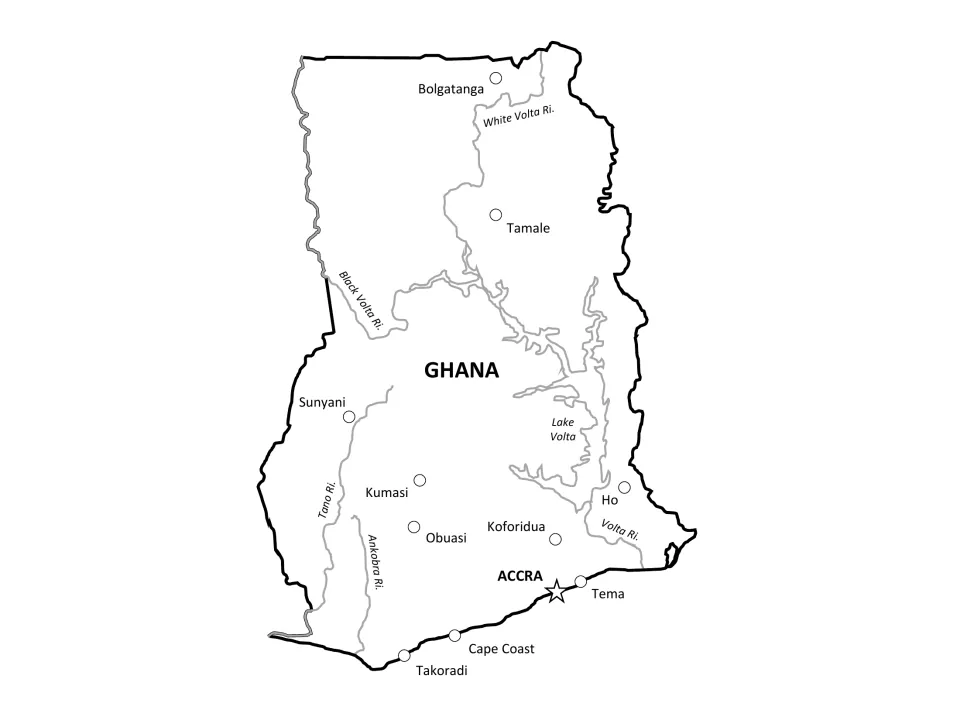 Labeled Ghana map naming the Black Volta, White Volta, Volta, Tano and Ankobra rivers, Lake Volta and major cities
