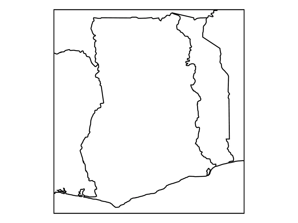 Blank regional map of Ghana with neighboring country borders and coastline, unlabeled for map labeling practice